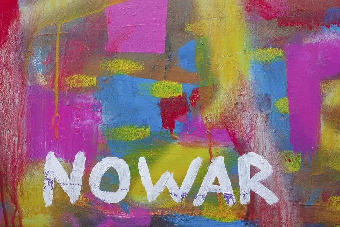 Framed Print : Lettering No War, kein Krieg, colourfully painted vintage car Framed Print : Lettering No War, kein Krieg, colourfully painted vintage car