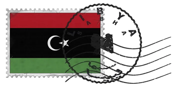 Framed Print : Libya Sabha Stamp with National Flag and Postmark