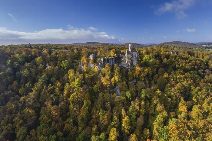 Framed Print : Lichtenstein Castle with autumn forest