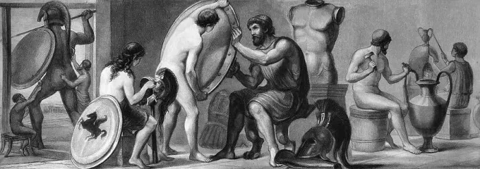Framed Print : Life in ancient Greece, from left: foundry workshop