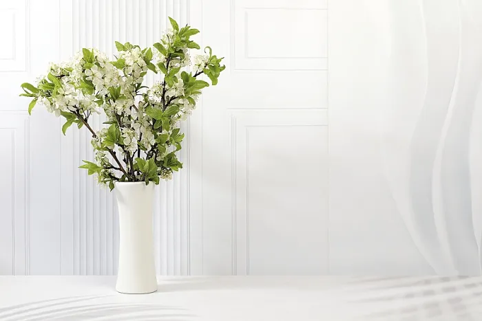 Framed Print : Still life with beautiful spring cherry blossom branches in vase on elegant background