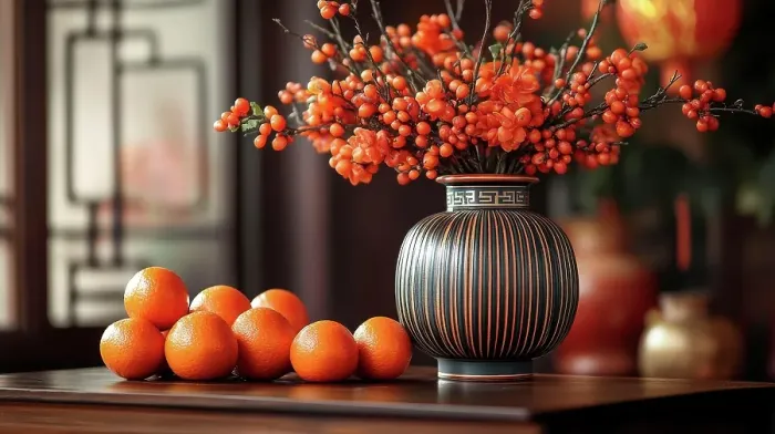 Framed Print : Still life with a decorative vase and tangerines arranged on a wooden table inside a warmly lit space, AI generated Framed Print : Still life with a decorative vase and tangerines arranged on a wooden table inside a warmly lit space, AI generated