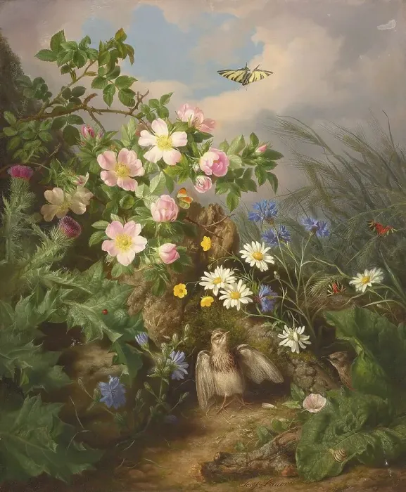 Framed Print : Still life with flowers and bird