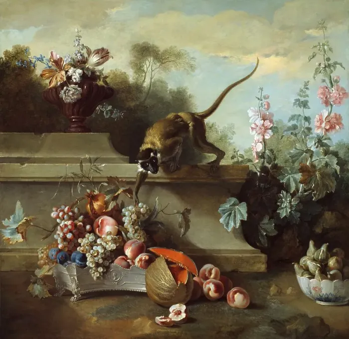 Framed Print : Still Life with a Monkey Taking Fruit from a Fruit Basket Framed Print : Still Life with a Monkey Taking Fruit from a Fruit Basket