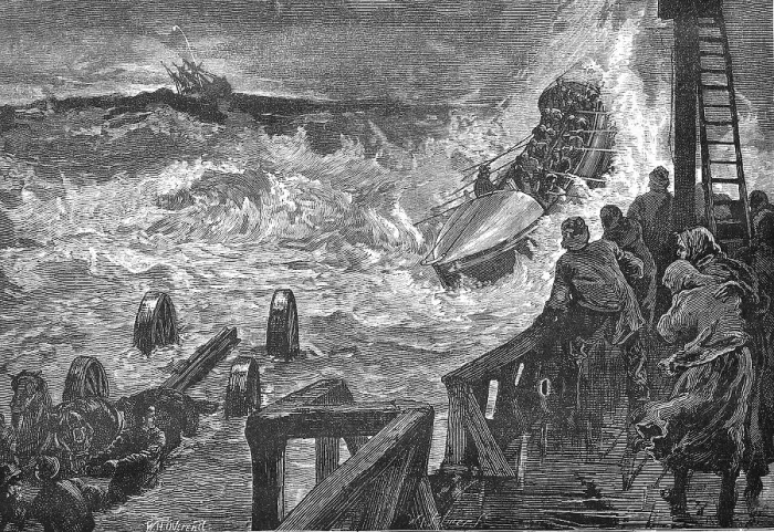 Framed Print : A lifeboat is launched in heavy seas