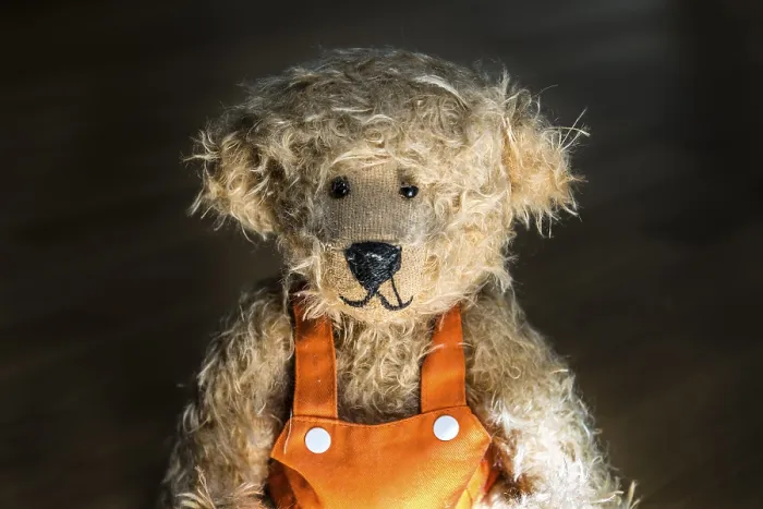 Framed Print : Light brown teddy bear, with orange overalls Framed Print : Light brown teddy bear, with orange overalls