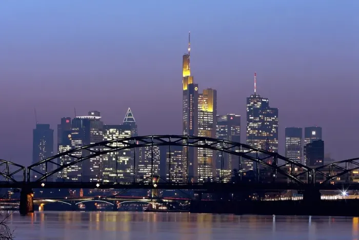 Framed Print : Light pollution through dust, view towards the skyline with Commerzbank Tower