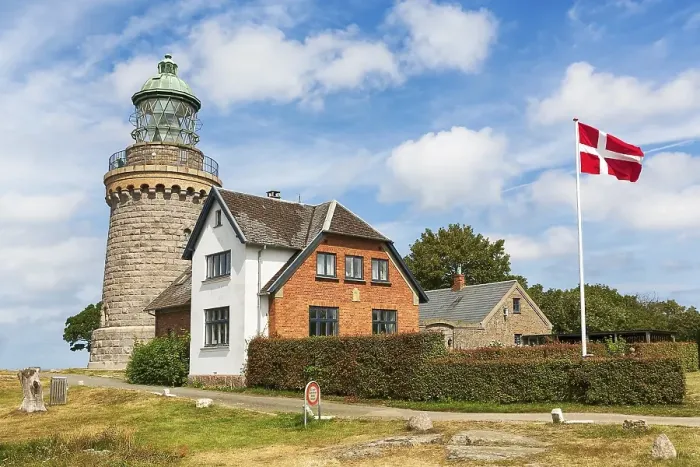 Framed Print : Lighthouse Hammeren Fyr, Danish flag