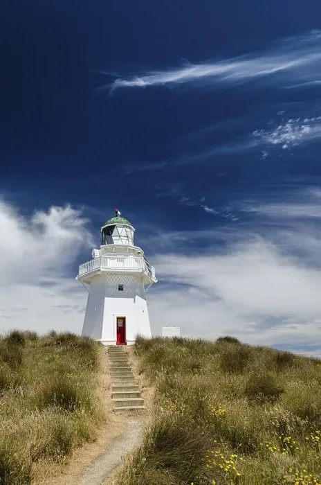 Framed Print : Lighthouse with path and stairs at Waipapa Point