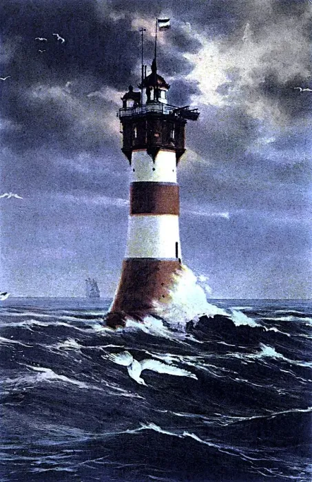 Framed Print : Lighthouse, Rotesandleuchtturm in front of the mouth of Weser River in a storm