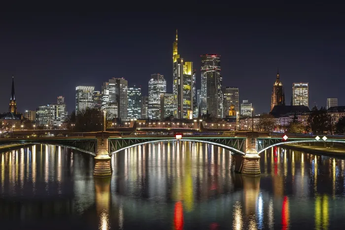 Framed Print : The lights of Frankfurt's banking skyline glow in the evening Framed Print : The lights of Frankfurt's banking skyline glow in the evening