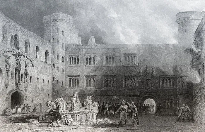 Framed Print : Linlithgow Palace, burning in 1746 Framed Print : Linlithgow Palace, burning in 1746