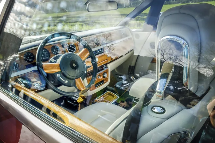 Framed Print : Lisbon, Portugal, Jan 20, 2024: Interior of luxury Rolls-Royce Phantom Drophead Coupe car through door window Framed Print : Lisbon, Portugal, Jan 20, 2024: Interior of luxury Rolls-Royce Phantom Drophead Coupe car through door window