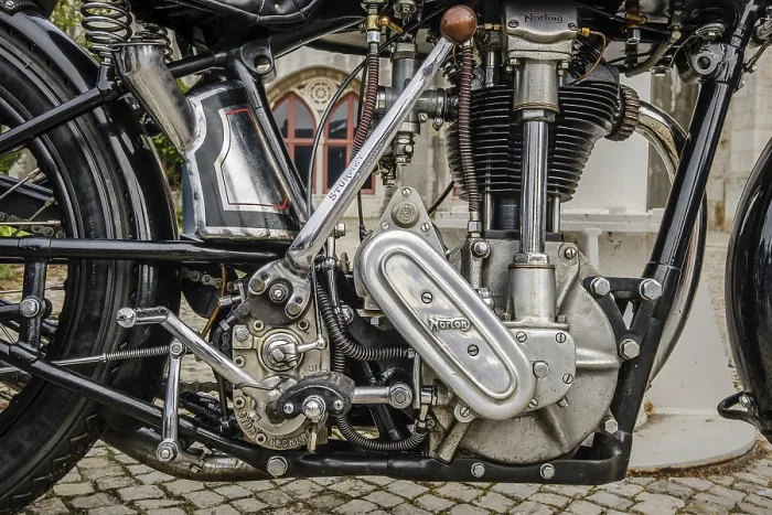 Framed Print : Lisbon, Portugal - Oct 15, 2023: Close-up of engine area of iconic Norton ES2 motorcycle by Norton Motors Ltd