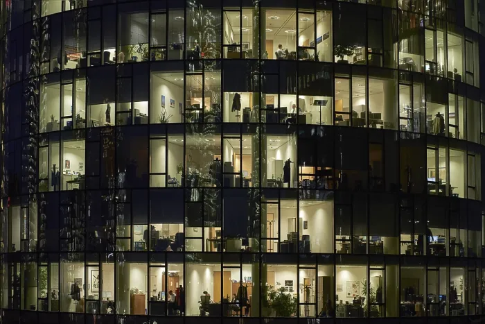 Framed Print : Lit offices at night, glass facade of Main Tower
