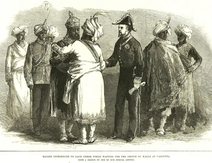 Framed Print : Lithographic portraits Rajah's Introduced to each other while waiting for the Prince of Wales at Calcutta, West Bengal, India, Asia