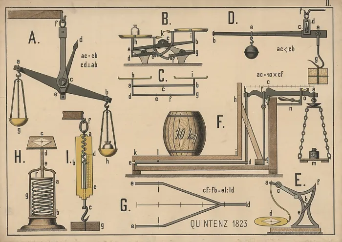Framed Print : Lithography shows various types of scales and measuring device devices