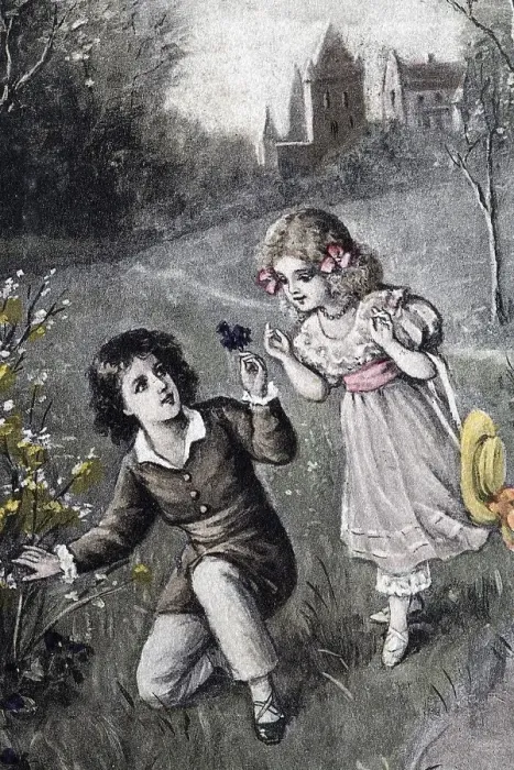 Framed Print : Little boy picking violets for a little girl