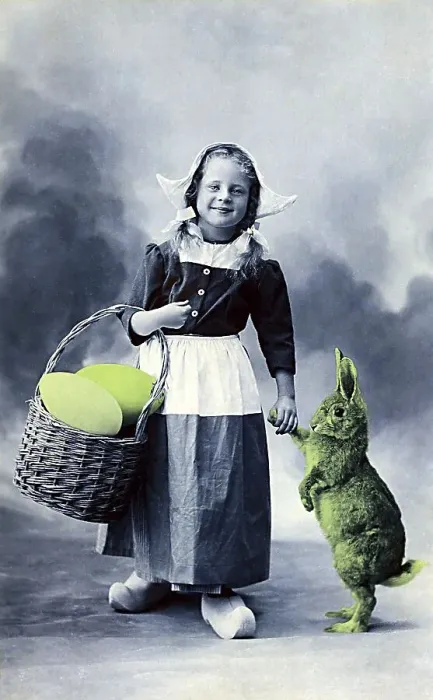 Framed Print : Little dutchwoman with hare and basket with giant eggs Framed Print : Little dutchwoman with hare and basket with giant eggs