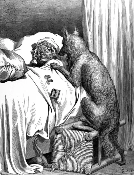 Framed Print : Little Red Riding Hood, grandmother in bed is attacked by the wolf Framed Print : Little Red Riding Hood, grandmother in bed is attacked by the wolf