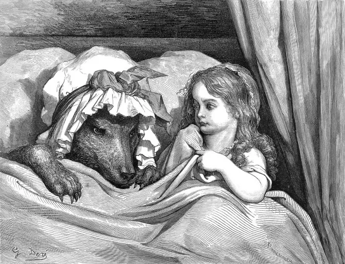 Framed Print : Little Red Riding Hood, wolf with a nightcap as a grandmother in bed