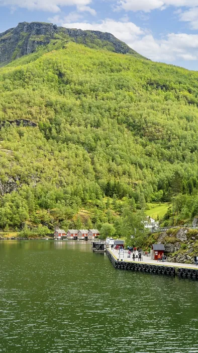 Framed Print : Lively Flam waterfront with traditional buildings and scenic fjord views