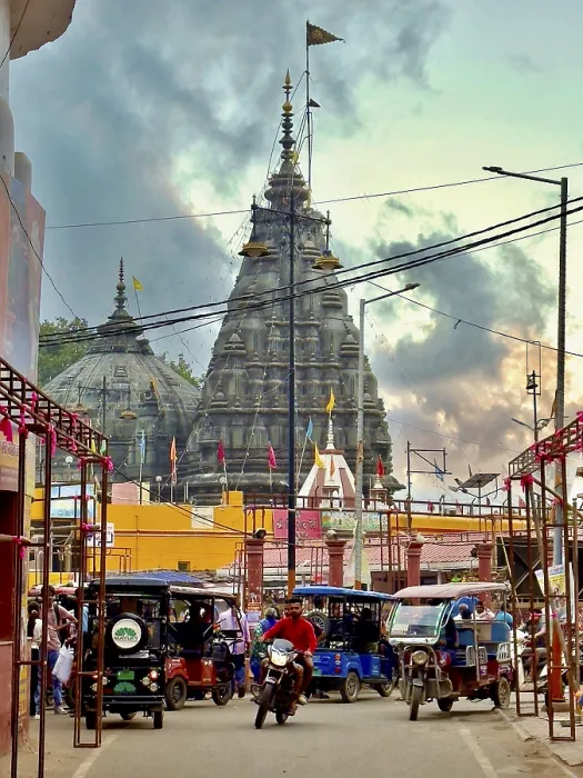 Framed Print : Lively scene with temples in the background and colourful city life Framed Print : Lively scene with temples in the background and colourful city life