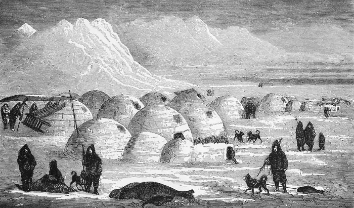 Framed Print : Living in igloos, an Inuit settlement on the Greenlandic Arctic Ocean, sled dogs, mountain landscape, hunted seals, polar region, climate change, travelling, Greenland, historical illustration 18888, North America