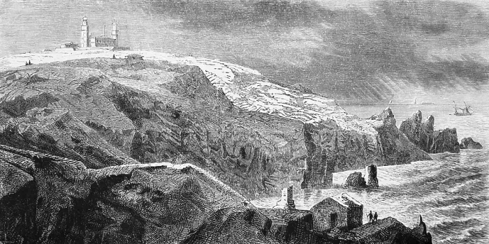 Framed Print : Lizard Point, Cape Lizard, the westernmost point of England, Cornwall, National Trust, lighthouse, cliff coast, single rocks, Atlantic Ocean, geography, historical illustration 1888