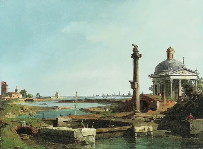 Framed Print : A lock, a column and a church on a lagoon