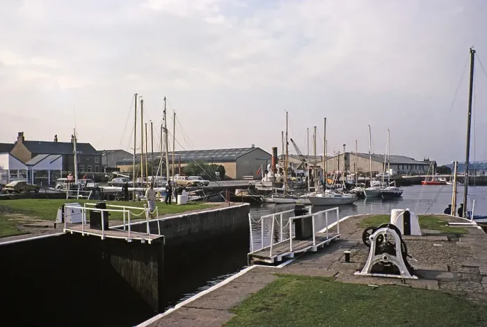 Framed Print : Lock gates and yachts, Glasson dock basin, Lancashire, England, UK 1977 Framed Print : Lock gates and yachts, Glasson dock basin, Lancashire, England, UK 1977