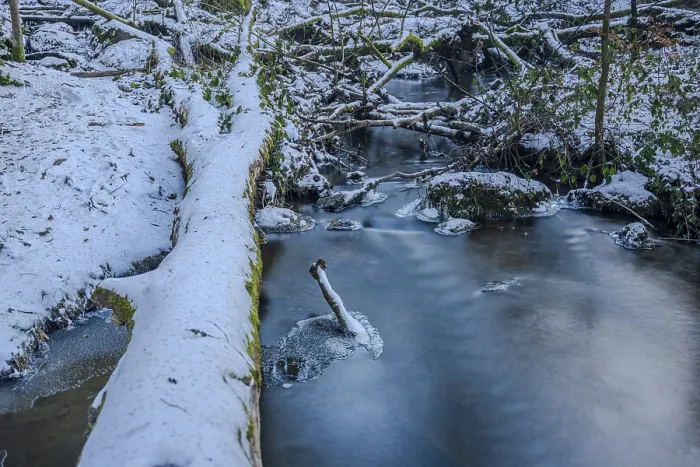 Framed Print : A log is lying in the snow next to a small stream