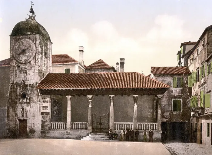 Framed Print : The Loggia of Trau, now Trogir, Dalmatia, Austro-Hungary, Austro-Hungarian Empire, Austrian-Hungarian Monarchy, today Croatia, Historical, around 1900, digitally restored reproduction from a 19th century original The Loggia of Trau, now Trogir