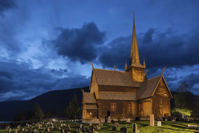 Framed Print : Lom Stave Church at dusk, Oppland, Norway, Europe