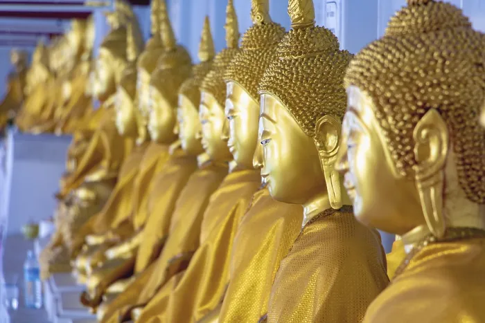 Framed Print : A long line of golden statues of the Buddha at Buddhist temple in Thailand