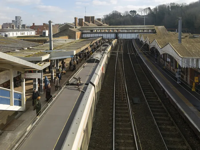 Framed Print : Looking down from above at Greater Anglia train at platforms of Ipswich railway station