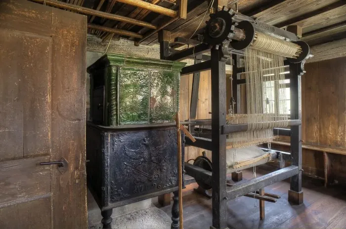 Framed Print : Loom from 1749 and tiled stove from 1796 in a parlour from 1703
