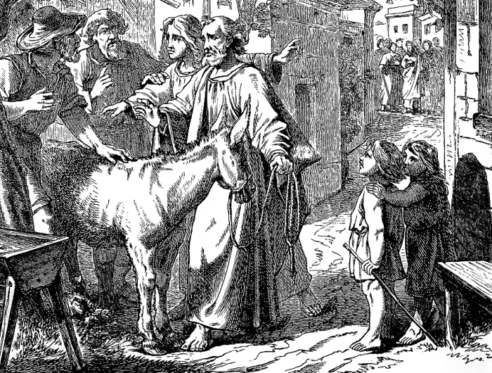 Framed Print : The Lord needs him, a disciple buys a foal for Jesus at the market near Bathania Framed Print : The Lord needs him, a disciple buys a foal for Jesus at the market near Bathania