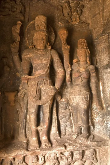 Framed Print : Lord Shiva with his consort Parvati sculpture in cave one in Badami