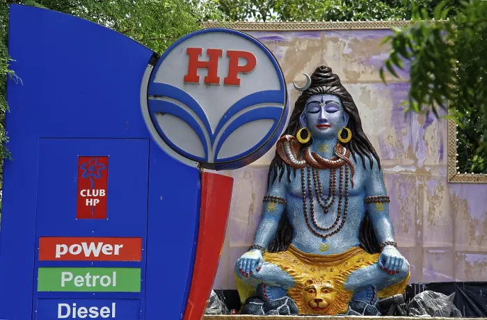 Framed Print : Lord Shiva statue at HP petrol pump sign