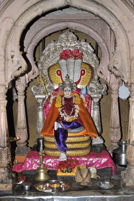 Framed Print : Lord Vishnu resting on sheshnag in Hindu temple altar