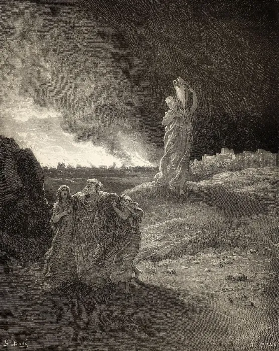Framed Print : Lot and his family fleeing from burning Sodom and Gomorrah