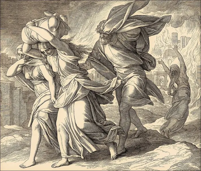 Framed Print : Lot and his family fleeing from burning Sodom and Gomorrah