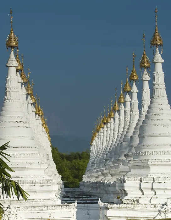 Framed Print : Lots of golden-tipped white stupas in two rows Framed Print : Lots of golden-tipped white stupas in two rows