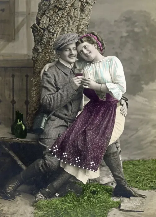 Framed Print : Lovers flirting and drinking wine