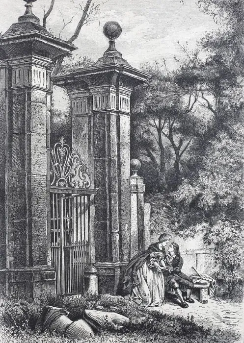 Framed Print : Lovers in front of the gate to a park Framed Print : Lovers in front of the gate to a park