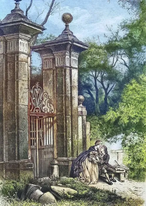 Framed Print : Lovers in front of the gate to a park
