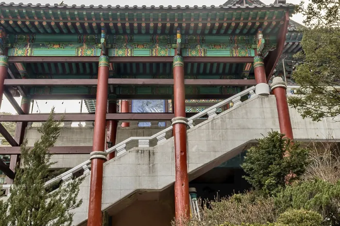 Framed Print : Low angle view of concrete staircase and pavilion at Buddhist temple in South Korea Framed Print : Low angle view of concrete staircase and pavilion at Buddhist temple in South Korea
