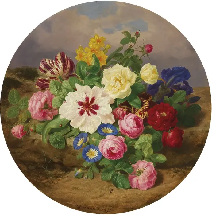 Framed Print : A lush bouquet of roses, tulips and daffodils on a sandy ground