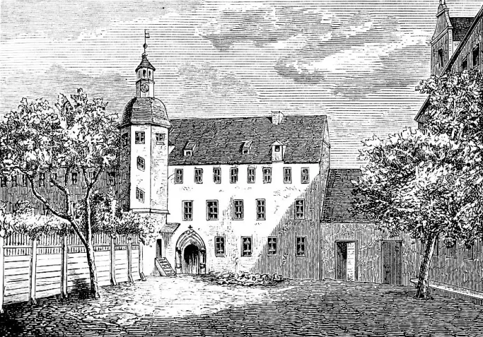Framed Print : The Luther House, former monastery in Wittenberg, a gift from the Elector to Luther, historical illustration 1883 Framed Print : The Luther House, former monastery in Wittenberg, a gift from the Elector to Luther, historical illustration 1883